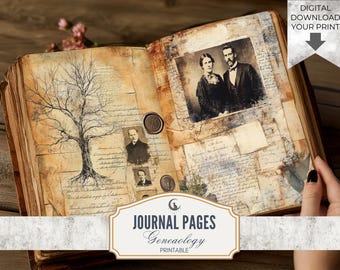 Retro Genealogy Junk Journal Pages Set of 10 Printable 300 DPI Ancestry Family History Digital Papers for Scrapbooking Crafts Download