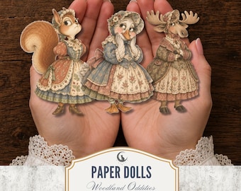 Woodland Animal Paper Dolls PNG PDF Whimsical Quirky Eccentric Forest Characters Rustic Clothing Funny Fussy Cuts Scrapbook Ephemera Journal