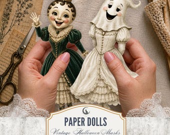 Halloween Paper Dolls PNG PDF Whimsical Mask Characters Victorian Fussy Cuts Ephemera Junk Journal Scrapbook Digital Download