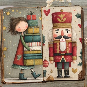 May include: A whimsical illustration depicts a young girl carrying a stack of wrapped gifts next to a toy nutcracker. The girl wears a red dress and blue boots. The nutcracker is in a red uniform. The background is a vintage book.