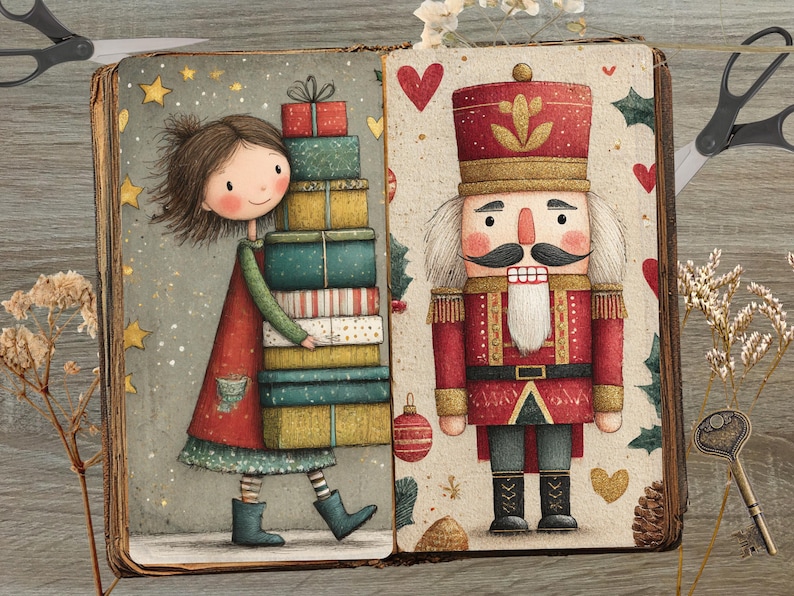 May include: A whimsical illustration depicts a young girl carrying a stack of wrapped gifts next to a toy nutcracker. The girl wears a red dress and blue boots. The nutcracker is in a red uniform. The background is a vintage book.