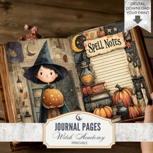 May include: An open journal featuring illustrated pages with a witch character wearing a pointed hat and holding a pumpkin. The right page includes lined paper titled Spell Notes, decorated with pumpkins, stacked books, candles, and potion bottles.