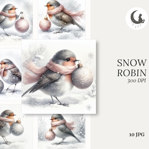 Acuarela de petirrojo de nieve, efímera caprichosa, animal del bosque, diario basura, manualidades de papel, clipart, elemento de tarjeta festiva, collage de invierno, libro
