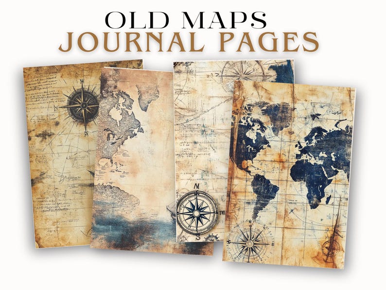 May include: Three printable journal pages featuring vintage world maps with compass roses and distressed edges. The pages are perfect for adding a touch of vintage charm to your journal or scrapbook.
