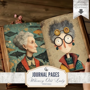 Whimsical Old Lady Junk Journal Pages, Quirky Ephemera, Rustic Scrapbook Backgrounds, Printable Cottagecore Digital Paper JPG Download