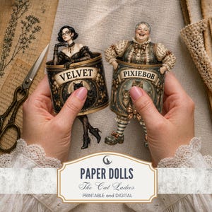May include: Two paper dolls featuring women emerging from decorative cans labeled Velvet and Pixiebob. The Velvet doll wears a black lace outfit with glasses, while the Pixiebob doll wears a patterned blouse. Both dolls feature cat illustrations.