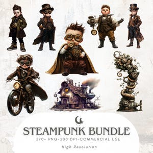 May include: A digital illustration featuring a steampunk bundle with multiple images. The images include children in steampunk attire, a motorcycle, a house, and a mechanical structure. The text "STEAMPUNK BUNDLE" is displayed at the bottom.