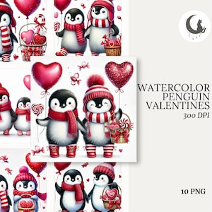 Conjunto de 10 imágenes prediseñadas de pingüinos de acuarela para San Valentín, de alta calidad, 300 DPI, para amantes, imprimibles, para tarjetas navideñas, decoración, descarga