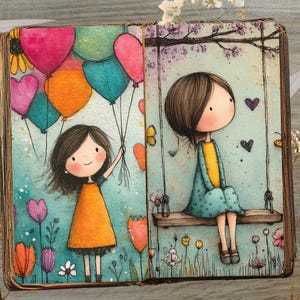 Op de afbeelding: Een grillige illustratie van een open boek. E&eacute;n pagina toont een meisje met kleurrijke ballonnen, de andere een meisje op een schommel. Het kunstwerk gebruikt heldere kleuren, harten, bloemen en vlinders, waardoor een vrolijk, sprookjesachtig thema ontstaat.