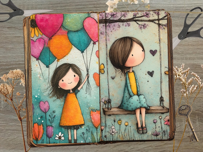 Op de afbeelding: Een grillige illustratie van een open boek. E&eacute;n pagina toont een meisje met kleurrijke ballonnen, de andere een meisje op een schommel. Het kunstwerk gebruikt heldere kleuren, harten, bloemen en vlinders, waardoor een vrolijk, sprookjesachtig thema ontstaat.