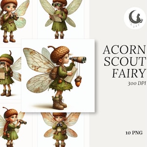 May include: Digital illustration of an acorn scout fairy with large, detailed wings. The fairy wears a green outfit and acorn cap, holding binoculars and a map. Text reads "ACORN SCOUT FAIRY".