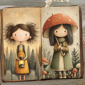 May include: An open book illustration featuring two cartoon girls. One holds a lantern, the other an umbrella. The first girl wears a yellow dress and striped socks. The second girl wears a green coat and scarf. The background includes trees and mushrooms.