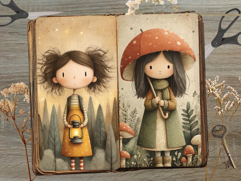 May include: An open book illustration featuring two cartoon girls. One holds a lantern, the other an umbrella. The first girl wears a yellow dress and striped socks. The second girl wears a green coat and scarf. The background includes trees and mushrooms.
