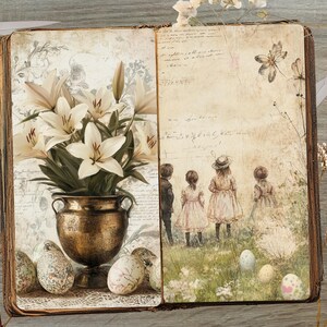 May include: An open vintage book with a bouquet of white lilies in a gold vase on the left page. The right page features a watercolor illustration of children in a field with a handwritten inscription. The book is surrounded by decorative elements like scissors, keys, and dried flowers.