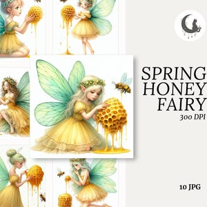 Conjunto de clipart de aquarela de fada da primavera de mel com 10 JPG de alta qualidade de 300 DPI, arte de fantasia caprichosa para cartões de festa, artesanato, download digital