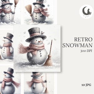 Rétro bonhomme de neige aquarelle éphémère indésirable journal papier artisanat Clipart carte de vacances élément hiver collage flocons de neige Scrapbooking collage
