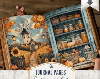Whimsical Autumn Backgrounds JPG PDF Pumpkin Woodland Cottagecore Junk Journal Pages Harvest Scrapbook Ephemera A4 Landscape Download