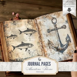 Conjunto de 20 páginas digitais imprimíveis em 300 DPI com tema náutico para scrapbooking, colagens e artesanato, com temática de pescador e costa.