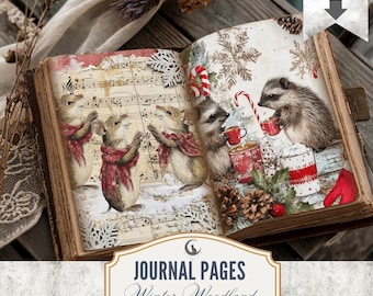 Páginas imprimibles de diario basura de animales del bosque, invierno, Navidad, efímera rústica de vacaciones, papel digital para álbumes de recortes, collages y manualidades JPG