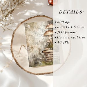 May include: A digital art print featuring a whimsical illustration of mushrooms atop a stack of books, set against a backdrop of aged paper with handwritten script. The print is 8.5x11 inches and suitable for commercial use.