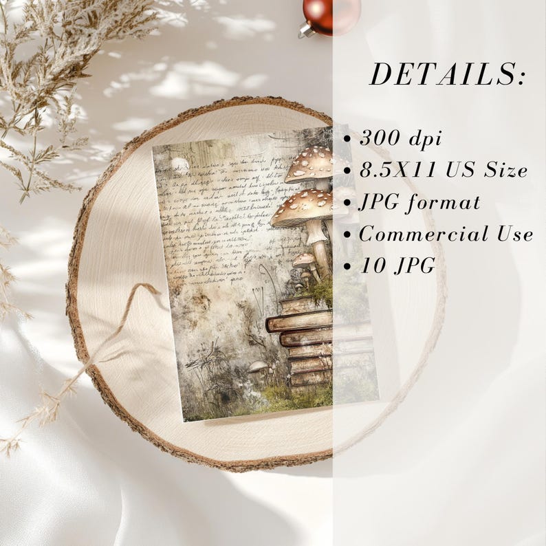 May include: A digital art print featuring a whimsical illustration of mushrooms atop a stack of books, set against a backdrop of aged paper with handwritten script. The print is 8.5x11 inches and suitable for commercial use.