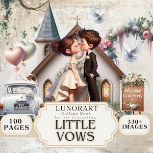 May include: A digital art collage book cover featuring a kissing couple in front of a church. The cover includes the text "LITTLE VOWS" and "100 PAGES", with a vintage car and heart-shaped balloons. The theme is weddings.