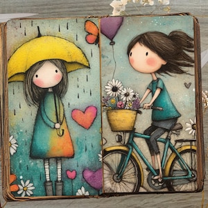 Op de afbeelding: Een grillige illustratie op een vintage pagina. E&eacute;n kant toont een meisje met een gele paraplu in de regen. De andere kant toont een meisje dat op een tealkleurige fiets rijdt met een bloemenmand, met een paarse ballon.