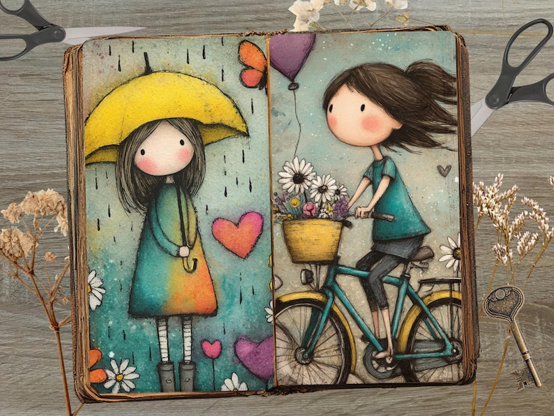 Op de afbeelding: Een grillige illustratie op een vintage pagina. E&eacute;n kant toont een meisje met een gele paraplu in de regen. De andere kant toont een meisje dat op een tealkleurige fiets rijdt met een bloemenmand, met een paarse ballon.