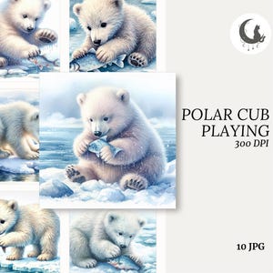 Polar Bear Playing with Fish Watercolor Clipart Set of 10 High Quality 300 DPI JPEGs Winter Art Printables Arctic Animal Digital Download