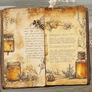Puede incluir: Un diario vintage abierto con p&aacute;ginas llenas de texto escrito a mano e ilustraciones de abejas, tarros de miel y un cuchar&oacute;n para miel. El diario tiene una cubierta de cuero marr&oacute;n y est&aacute; decorado con flores y hojas secas.