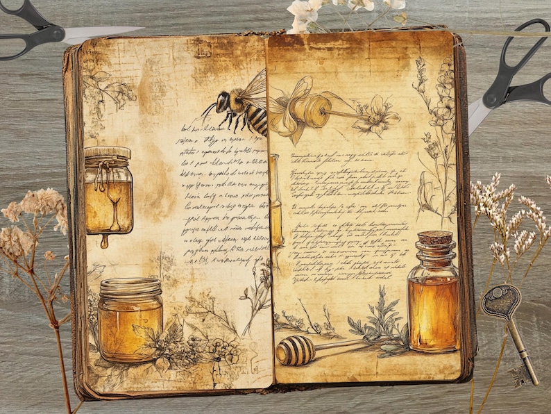 Puede incluir: Un diario vintage abierto con p&aacute;ginas llenas de texto escrito a mano e ilustraciones de abejas, tarros de miel y un cuchar&oacute;n para miel. El diario tiene una cubierta de cuero marr&oacute;n y est&aacute; decorado con flores y hojas secas.