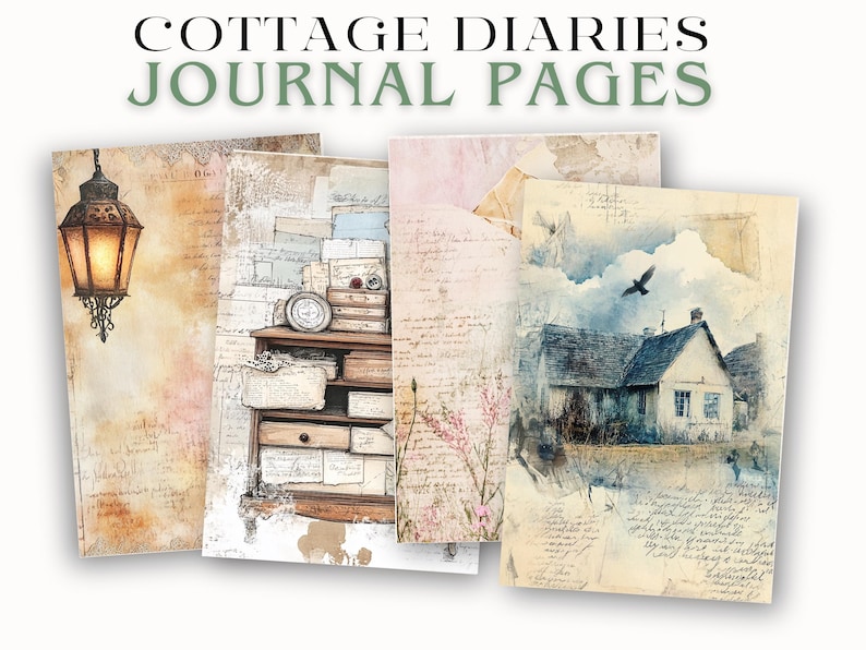 May include: Four vintage-style journal pages with a cottage theme. The pages feature illustrations of a lantern, a cabinet with drawers, a cottage, and floral elements. The text "COTTAGE DIARIES JOURNAL PAGES" is at the top.