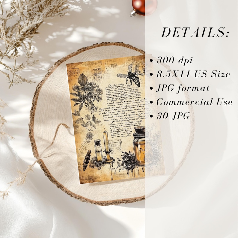 Puede incluir: Un papel digital de estilo vintage con una abeja, flores y botellas sobre un fondo de texto escrito a mano. El papel mide 8,5x11 pulgadas y 300 dpi.