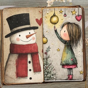 May include: A whimsical illustration of a snowman and a girl decorating a Christmas tree. The snowman wears a black top hat and a red scarf. The girl reaches for a golden ornament. The image is in a vintage book.