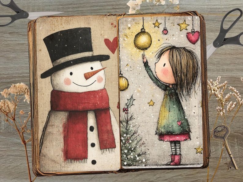 May include: A whimsical illustration of a snowman and a girl decorating a Christmas tree. The snowman wears a black top hat and a red scarf. The girl reaches for a golden ornament. The image is in a vintage book.