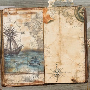 May include: An open vintage journal with a map and compass design. The journal has a brown leather cover and is decorated with a compass rose, a ship, and a map of the world. The journal is perfect for writing down your thoughts, dreams, and adventures.