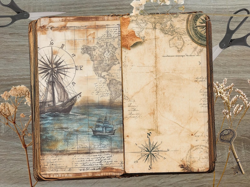 May include: An open vintage journal with a map and compass design. The journal has a brown leather cover and is decorated with a compass rose, a ship, and a map of the world. The journal is perfect for writing down your thoughts, dreams, and adventures.