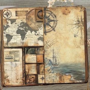 May include: An antique-style journal with a brown leather cover. The pages are decorated with maps, compasses, and nautical imagery. The journal is open to a page with a world map and a ship sailing on the sea.