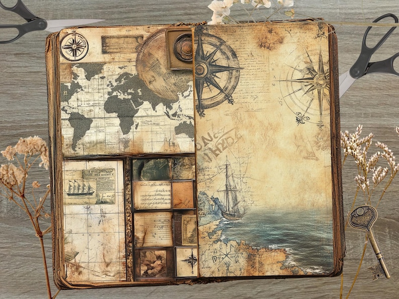 May include: An antique-style journal with a brown leather cover. The pages are decorated with maps, compasses, and nautical imagery. The journal is open to a page with a world map and a ship sailing on the sea.