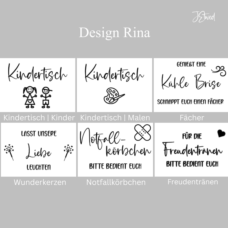 May include: A collection of six white rectangular signs with black text and graphics. The signs feature German phrases including Kindertisch, Genie&szlig;t eine k&uuml;hle Brise, Lasst unsere Liebe leuchten, Notfall-k&ouml;rbchen, and F&uuml;r die Freudentr&auml;nen, accompanied by icons like stick figures, a paint palette, sparklers, a bandage, and a heart.