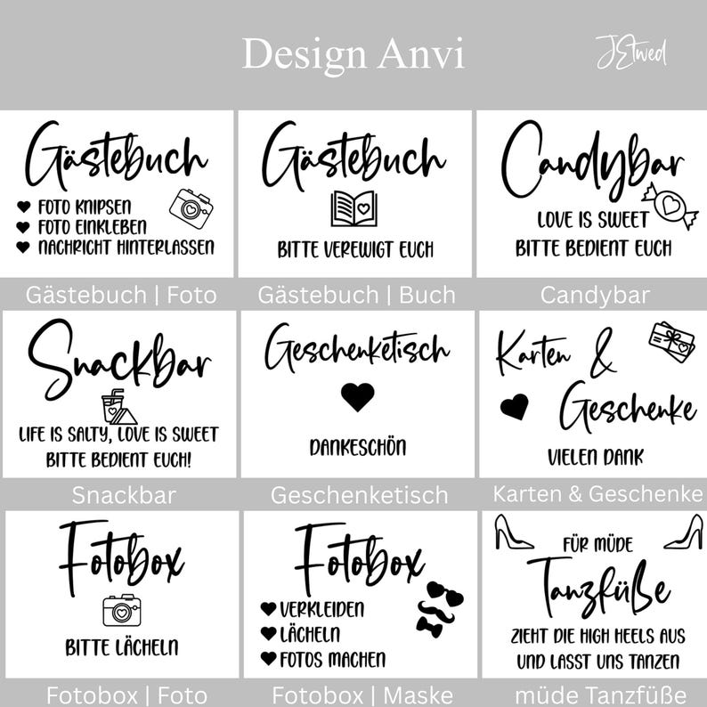 May include: A collection of nine rectangular signs with black text and icons on a white background. The signs feature German phrases such as G&auml;stebuch, Candybar, Snackbar, Geschenktisch, Karten & Geschenke, Fotobox, and m&uuml;de Tanzf&uuml;&szlig;e with graphics.