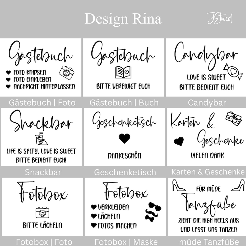 May include: A collection of nine rectangular white signs with black text and icons for wedding events. The signs feature German phrases like G&auml;stebuch, Candybar, Snackbar, Geschenketisch, Karten & Geschenke, Fotobox, and m&uuml;de Tanzf&uuml;&szlig;e with illustrations of cameras, hearts, sweets, and shoes.