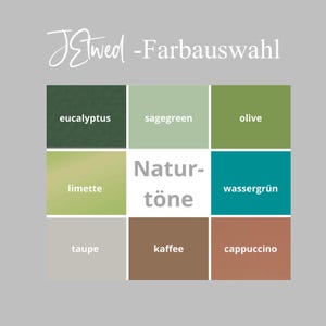 Puede incluir: Un gr&aacute;fico de paleta de colores con el texto "J&Wed - Farbauswahl" en la parte superior. La imagen presenta nueve muestras de color etiquetadas con nombres como "eucalyptus", "sagegreen" y "olive". El texto central dice "Naturt&ouml;ne".