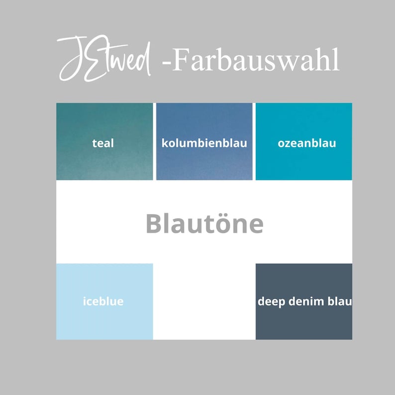 Puede incluir: Un gr&aacute;fico de paleta de colores con el texto "J&twed -Farbauswahl" en la parte superior. La imagen presenta seis muestras de color etiquetadas como "teal", "kolumbienblau", "ozeanblau", "iceblue" y "deep denim blau". Tambi&eacute;n est&aacute; presente la palabra "Blaut&ouml;ne".