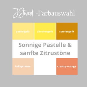 Puede incluir: Un gr&aacute;fico con muestras de color en tonos de amarillo, naranja y melocot&oacute;n, con texto en alem&aacute;n. El texto incluye "JEtwed -Farbauswahl" y "Sonnige Pastelle & sanfte Zitrust&ouml;ne". Las muestras de color est&aacute;n etiquetadas como "pastellgelb", "zitronengelb", "sonnengelb", "hellaprikose" y "creamy orange".
