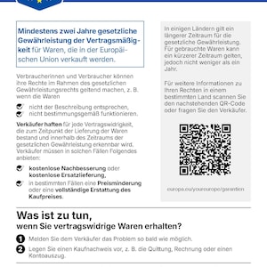 May include: An informational document titled GESETZLICHE GEW&Auml;HRLEISTUNG with a blue header featuring a G logo and stars. It outlines European Union consumer rights regarding product warranties, including a QR code and the URL europa.eu/youreurope/garantien.