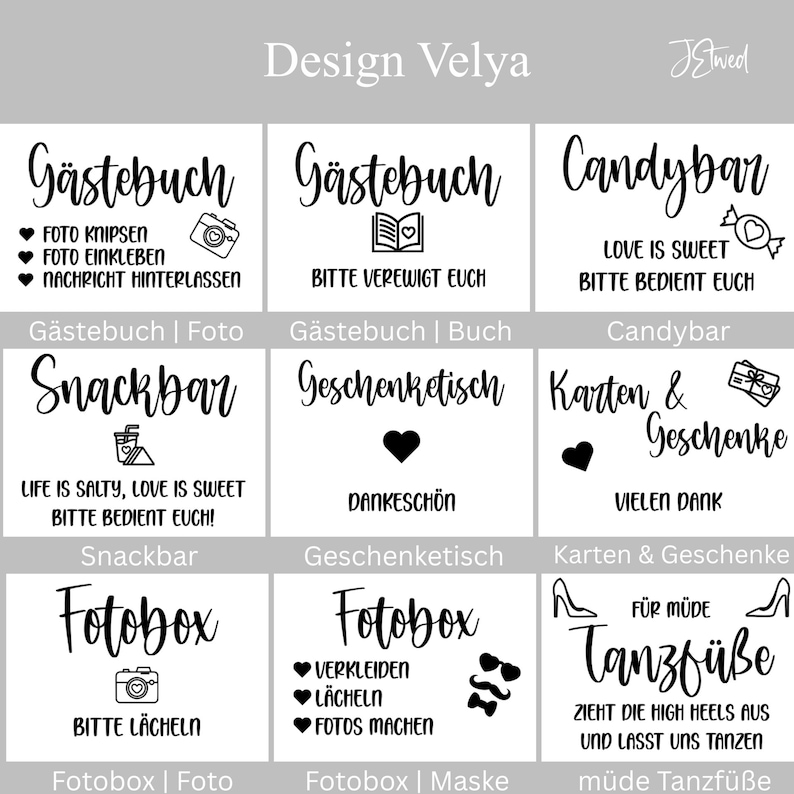 May include: A collection of nine white rectangular signs with black text and icons for wedding events. The signs feature German phrases such as G&auml;stebuch, Candybar, Snackbar, Geschenketisch, Karten & Geschenke, Fotobox, and Tanzf&uuml;&szlig;e, accompanied by illustrations of cameras, hearts, sweets, and shoes.