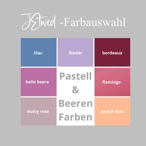 Puede incluir: Un gr&aacute;fico de paleta de colores con el texto "JEtwed - Farbauswahl" en la parte superior. La imagen muestra nueve muestras de color en tonos de azul, morado, rosa y melocot&oacute;n, con las palabras "Pastell & Beeren Farben" en el centro.