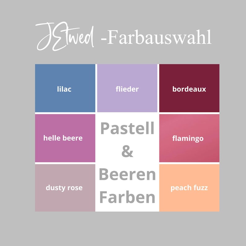 Puede incluir: Un gr&aacute;fico de paleta de colores con el texto "JEtwed - Farbauswahl" en la parte superior. La imagen muestra nueve muestras de color en tonos de azul, morado, rosa y melocot&oacute;n, con las palabras "Pastell & Beeren Farben" en el centro.