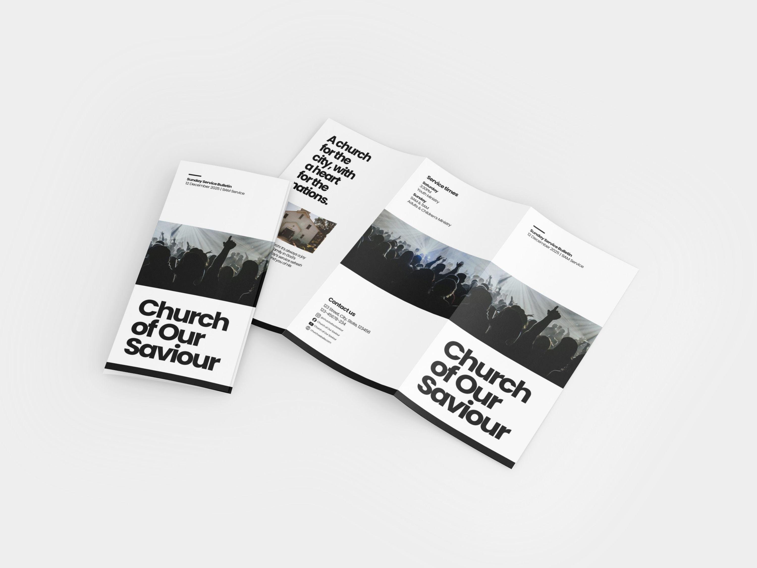 Editable A4 Tri Fold Modern Church Bulletin Template, Canva Templates